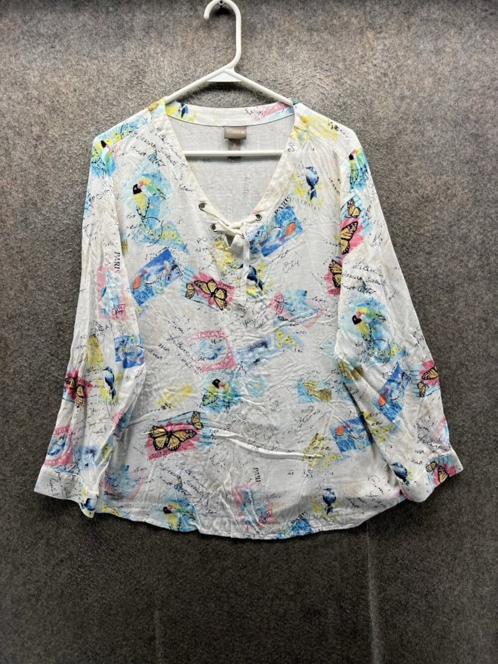 Chico's Blouse Women 3 Multicolor V Neck Long Sleeve Sheer Butterfly Print